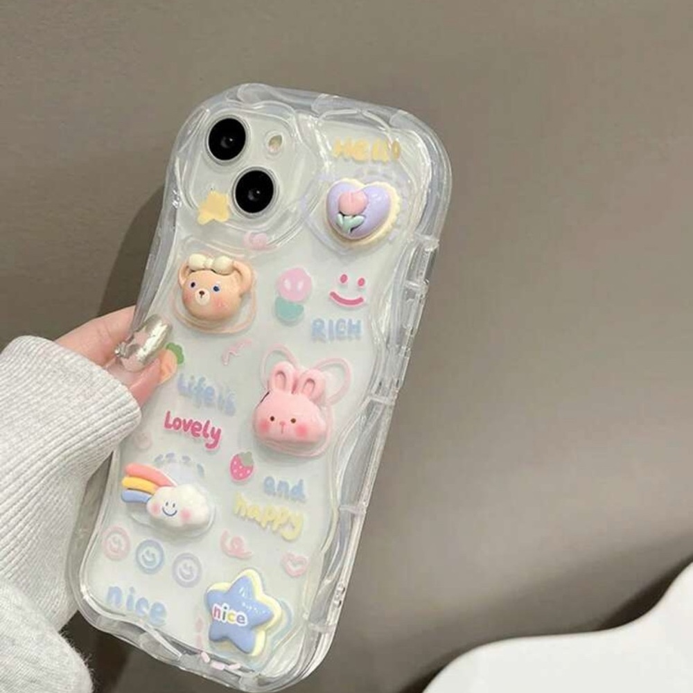 Cute Teddy Bear Bunny Rainbow 3D cellphone case compatible with iPhone 15 Plus - Picture 2 of 4